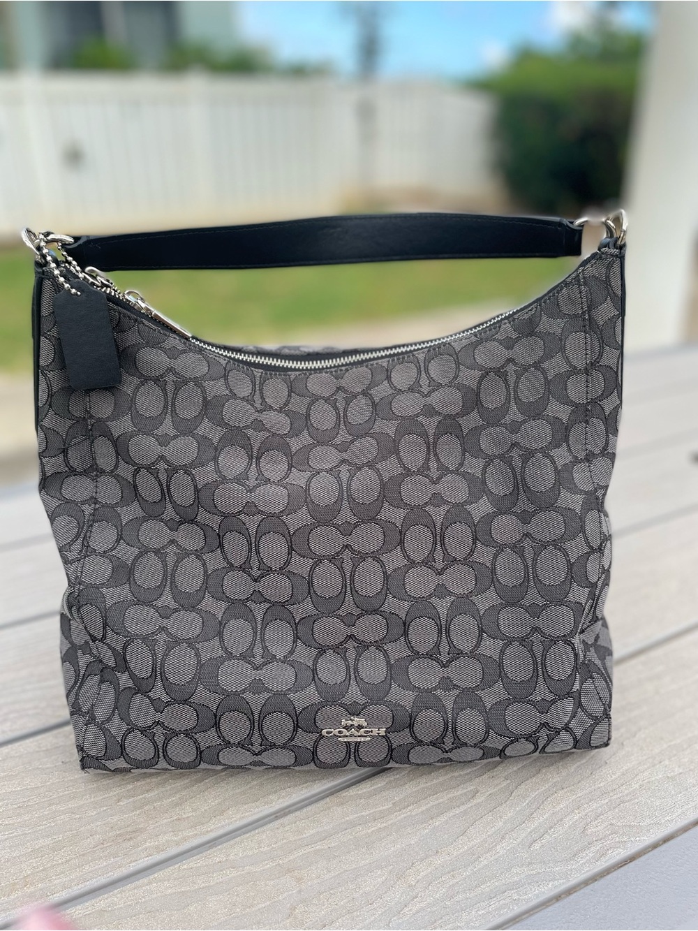 Coach Gray Signature Canvas Hobo Bag with Black Strap